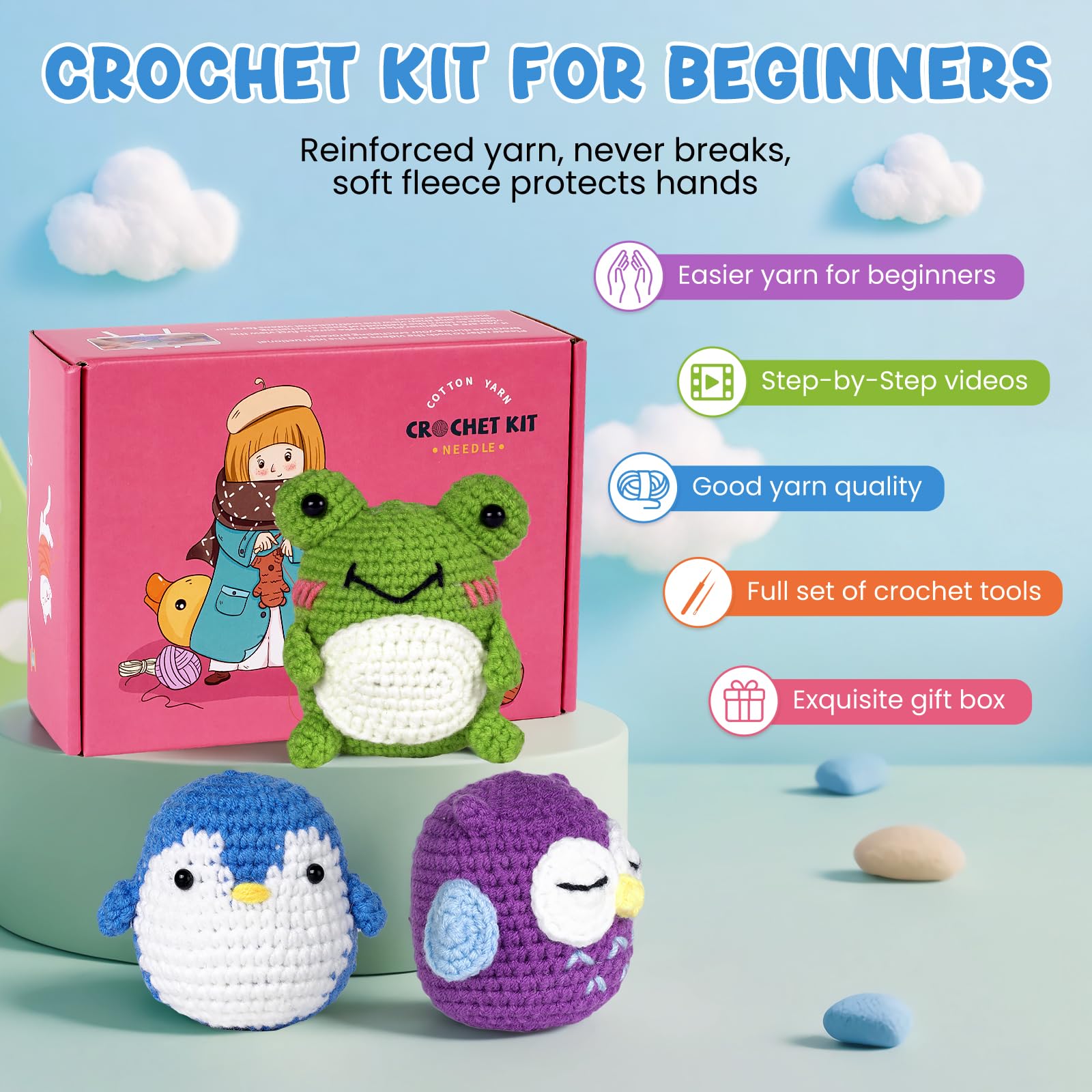 6 PCS Crochet Animal Kit For Beginners - DIY Amigurumi Knitting Kit With Yarn, Hook, Tutorials | Fun Craft Gift For Kids & Adults