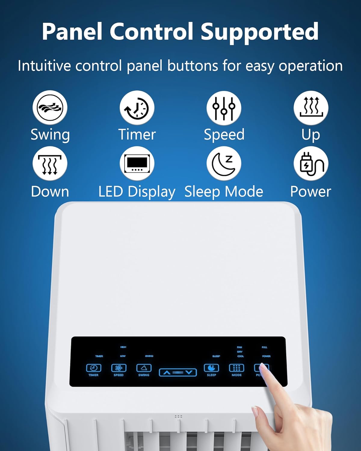 Close-up of the Takywep Portable Air Conditioner's control panel with various buttons and an LED display.
