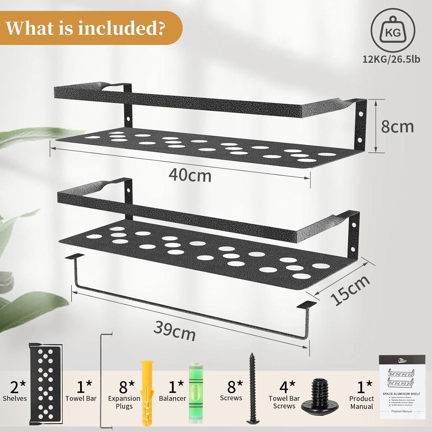Uten Floating Shelves, Wall Mounted Iron Shelves Set of 2, Bathroom Storage Iron Shelves with Towel Rack, Wall Hanging Organizer Decor Shelf for Bathroom, Kitchen, Bedroom, Living Room