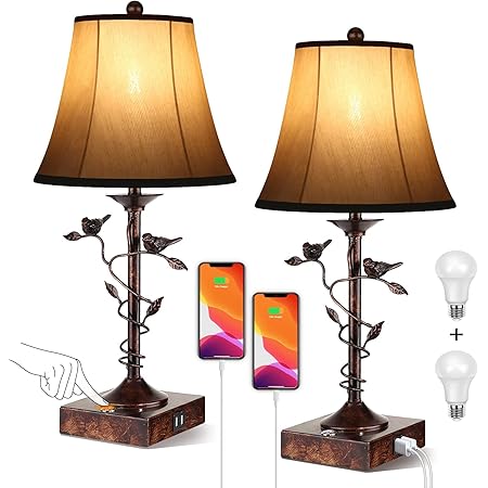 Set of Two Table Lamps for Living Room 3-Way Dimmable Bedside Lamp with USB Port and AC Outlet Small Touch Lamps Bedroom Lamps for Nightstand Lamp Desk Bed Lamps for Reading Office (Bulbs Included)