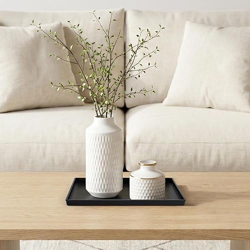 Miniatura 8 de Cedilis Paquete de 2 bandejas rectangulares negras para servir, bandeja de plástico antideslizante, modernas bandejas otomanas para centro de mesa,