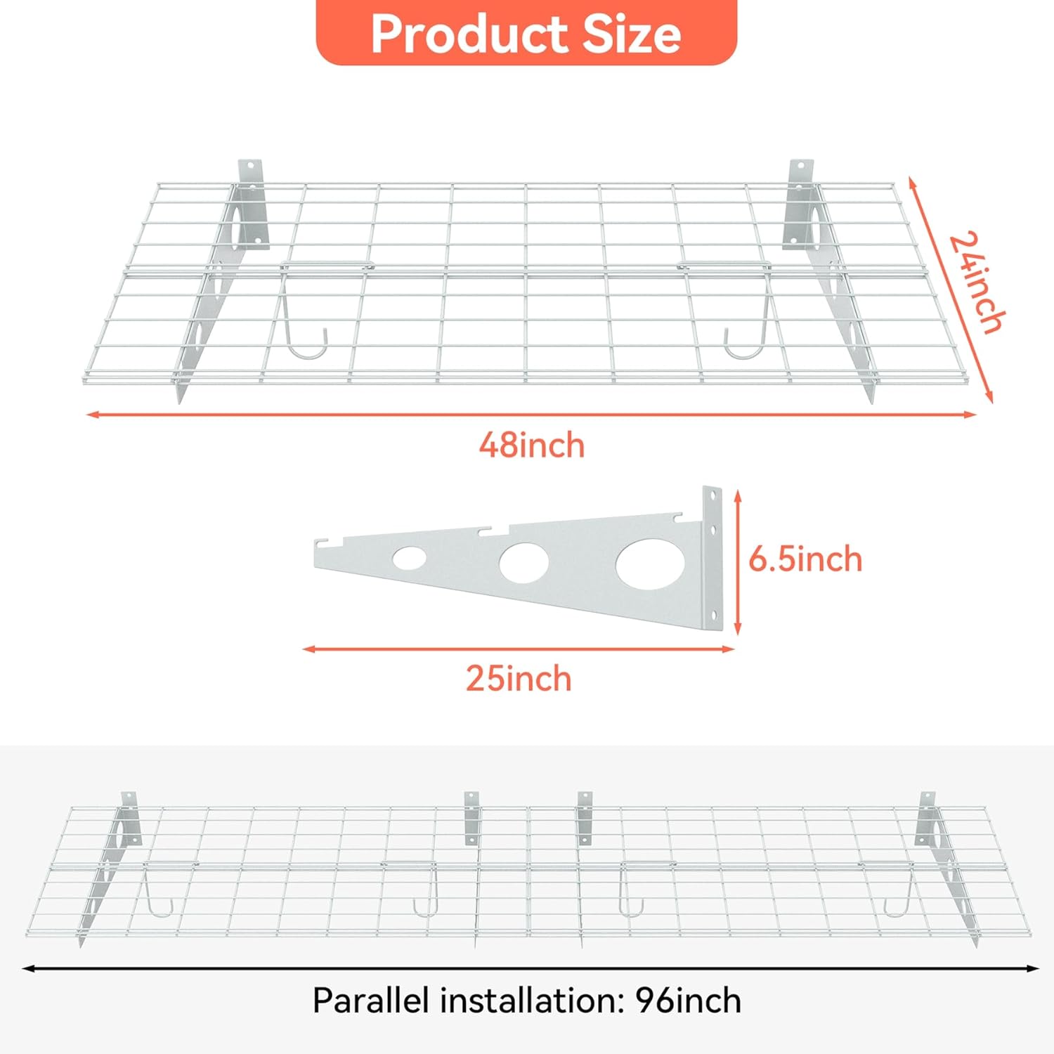 TORACK 2-Pack Garage Wall Shelves, 24" x 48"/2x4 ft Wall Mounted Wire Shelf for Garage Heavy Duty Floating Shelves(White, Pack of 2) - Image 3
