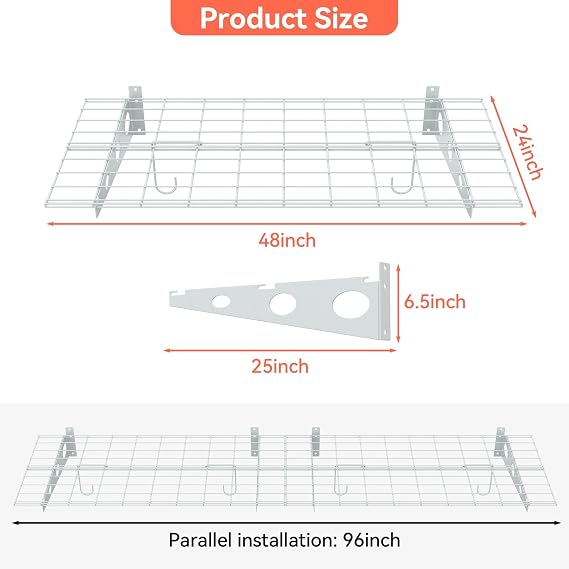 TORACK 2-Pack Garage Wall Shelves, 24 x 48/2x4 ft Wall Mounted Wire Shelf for Garage Heavy Duty Floating Shelves(White, Pack of 2)