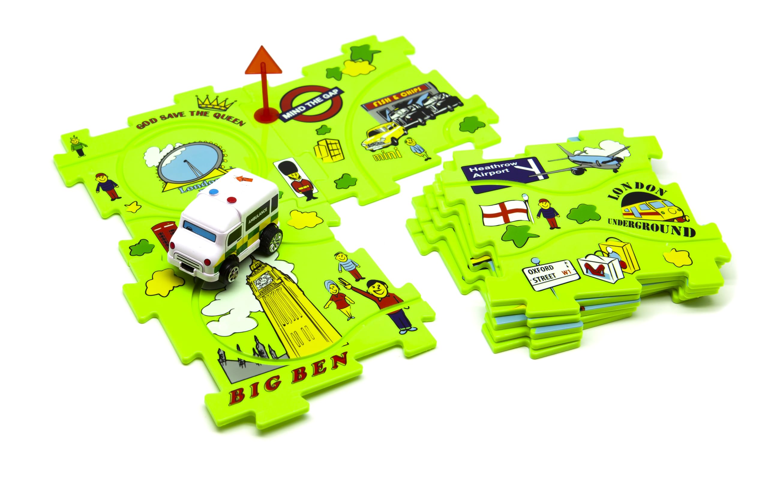 Puzzle Cars Ambulance City of London, Motorized Car with Interchangeable Puzzle Pieces, Road Signs & Accessories - Image 2