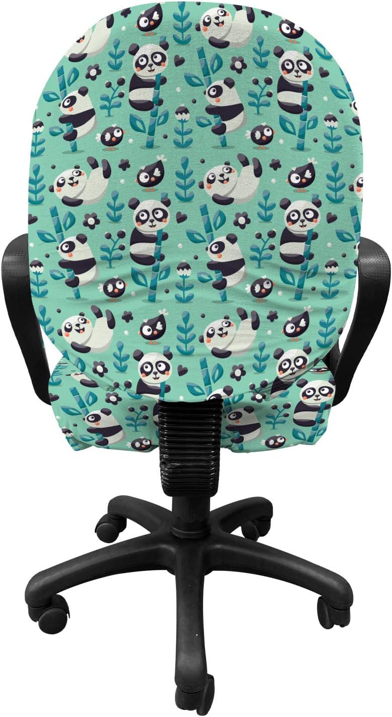 Lunarable Panda Office Chair Slipcover, Cartoon Panda Bears on Branch Sticks Jungle Plants Birds and Berries Wildlife Theme, Decorative Stretch and Washable Fabric Cover, Standard Size, Multicolor