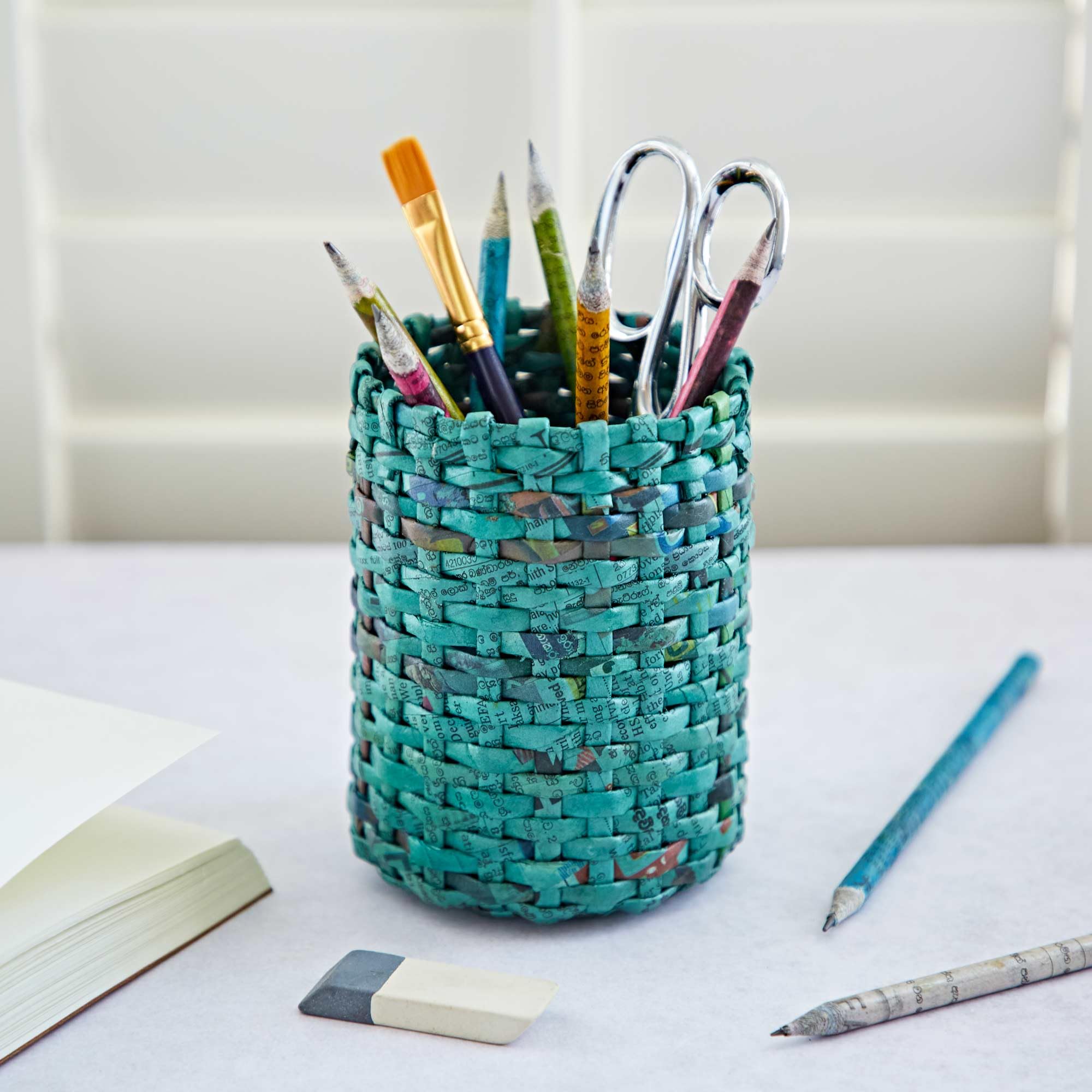 Paper High Recycled Newspaper Pencil Holder | Square or Round | Sustainable Pencil Pot | Handmade Colourful Pen Holder | Fair Trade Gifts for Men and Women (Round, Teal)