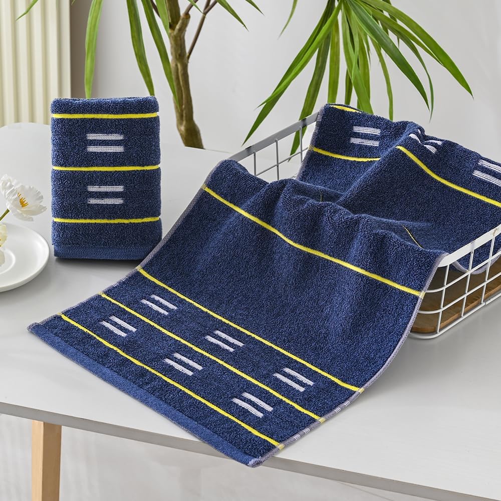YiLUOMO Blue Hand Towels Yellow Striped Design Set of 2 Super Soft 100% Terry Cotton Highly Absorbent Decorative Hand Towel for Bathroom 13 x 29 Inch - Image 2