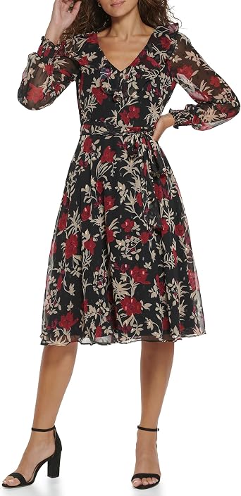 Jessica Howard Womens Floral Chiffon V-Neck Midi Dress