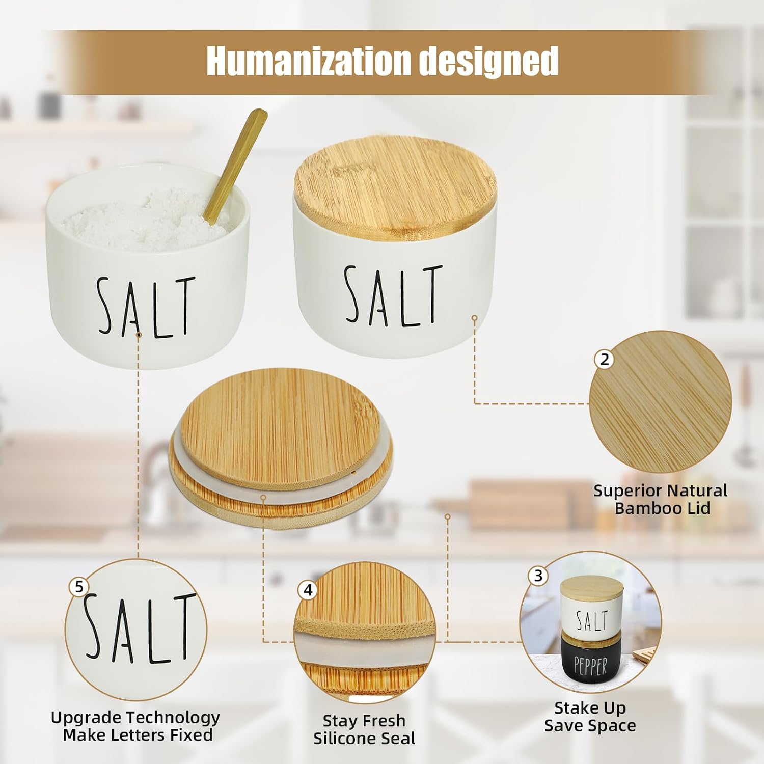 Farmhouse Salt And Pepper Containers,Salt Containers For Countertop,Stacked Ceramic Cellar With Bamboo Lid, Spice Box With Spoon,Seasoning Holder with lid,Ceramic Bowls (2 W)