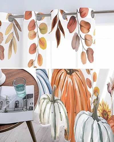Miniatura 5 de Cortinas traslúcidas de gasa de eucalipto de 84 pulgadas de largo, 2 paneles de hojas de eucalipto y calabaza de Acción de Gracias, cortinas
