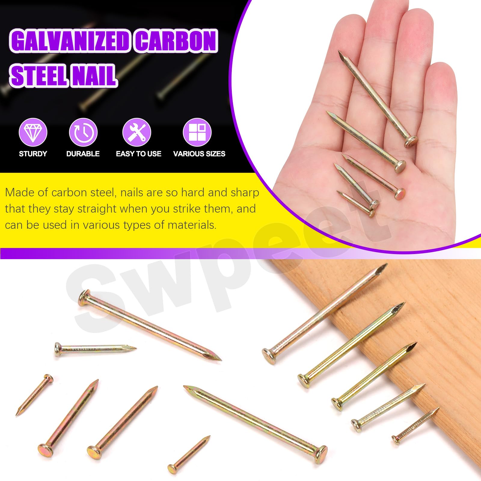 300 Pcs Hardware Nails - Assortment Kit for Concrete & Wood -3