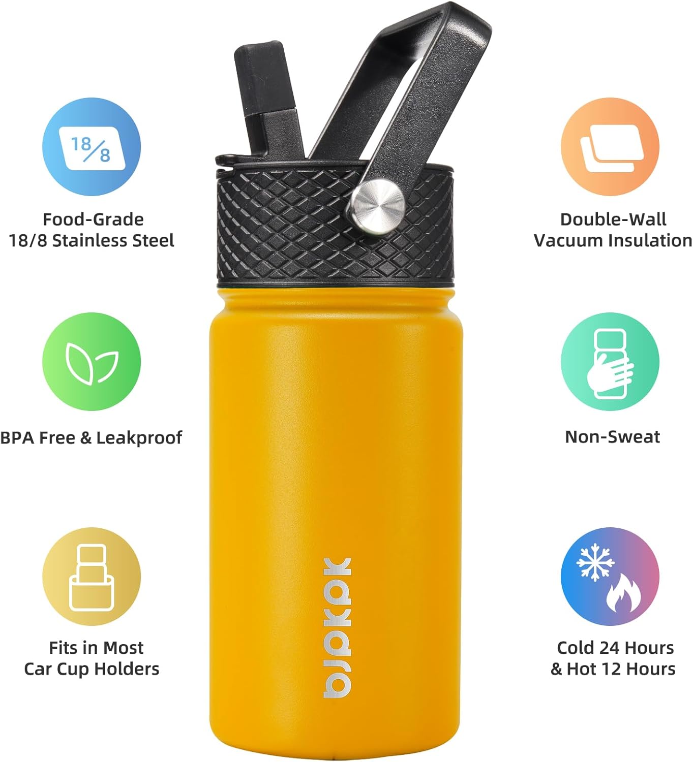 BJPKPK Water Bottle with Straw Lid, 15 oz Insulated Water Bottle, Stainless Steel Metal Water Bottles, Reusable Leak Proof BPA Free Thermo, Flask, Cups,Macaron-Orange - Image 3