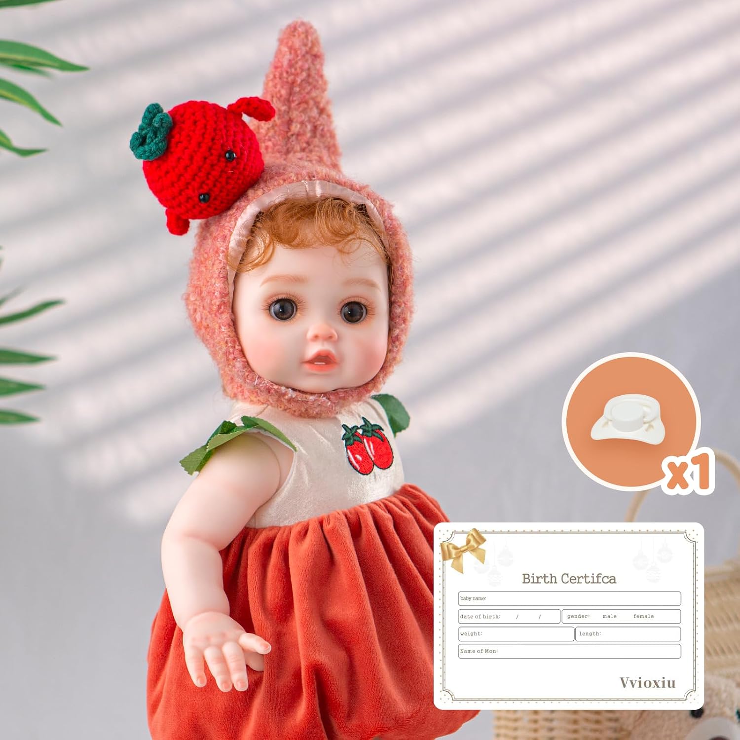 Reborn Baby Doll, Lifelike Realistic Baby Doll with Red Tomatoes Hat and Cute Outfit, 18inch Soft Vinyl Doll for 3+Years Old and Collectors