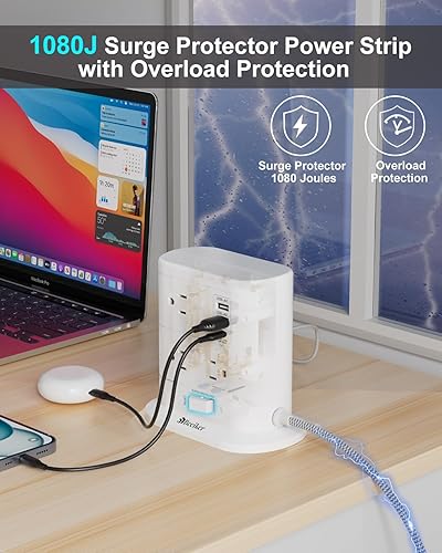 Miniatura 5 de Regleta de alimentación de torre de 15 pies con protección contra sobretensiones, regleta de alimentación de escritorio de 1625 W con 7 tomas, 3