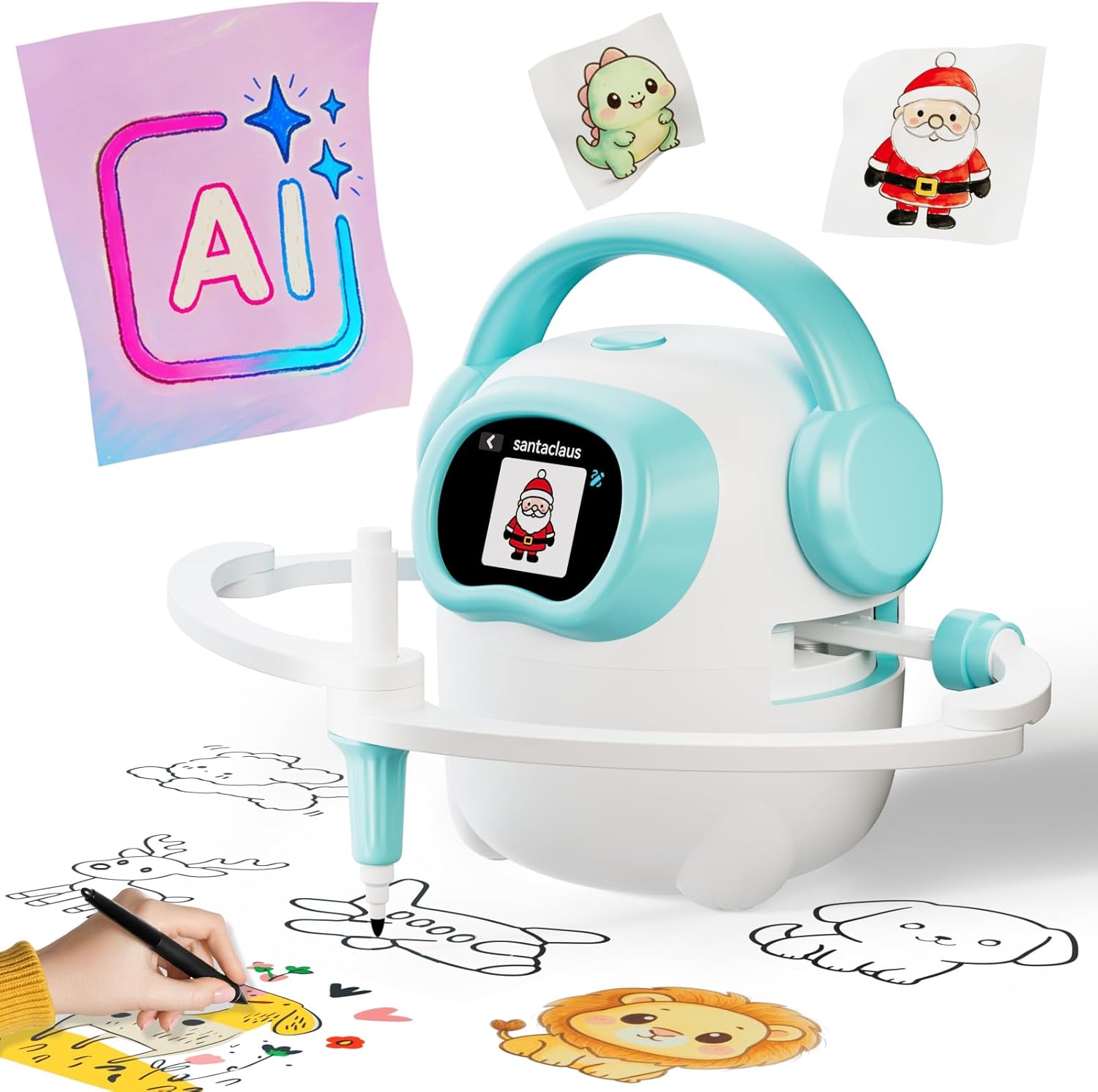 AI Drawing Robot for Kids, 10000+ Free AI-generated Images,Regularly updated image library,Educational Learning Toys for Boys & Girls Ages 3-8 ,AI Enlightenment Painting Toy for Birthday Gift (Cyan)