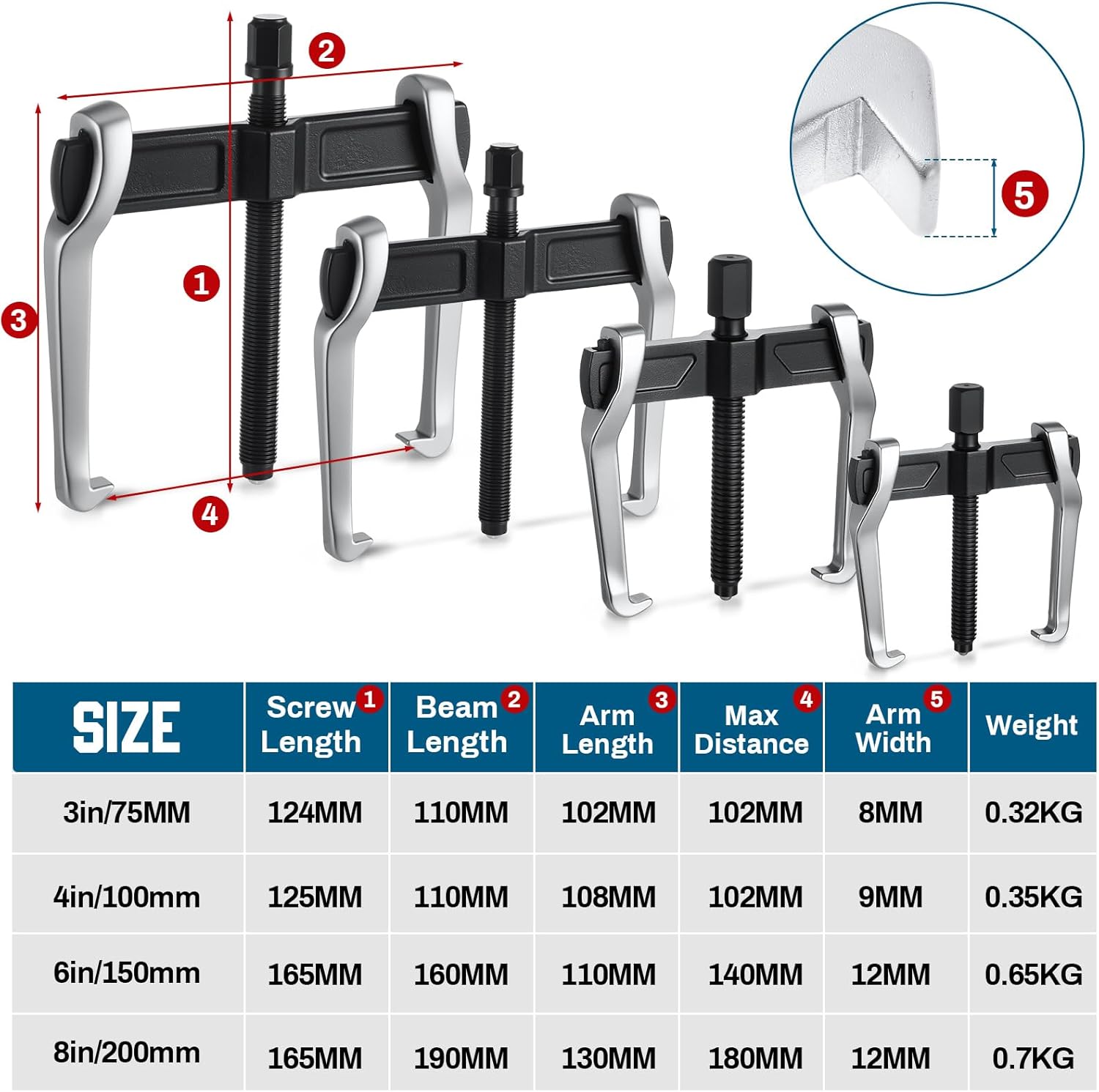 4 Pcs 2 Jaw Gear Puller Set, 3'' 4'' 6'' 8'' CR-V Steel Bearing Pulley Puller Tool Adjustable, Internal External for Removal of Pulleys Flywheels Bearings & Gears