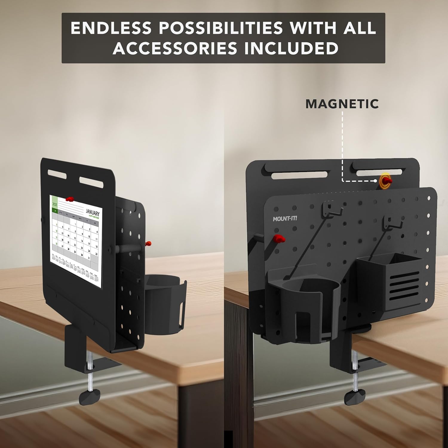 Mount-It! Desk Mounted Pegboard Organizer with 360° Rotation | Includes Cup Holder, Pen Holder, Hooks & Magnets | Clamp-on Desk Storage for Home Office, Workshop, Crafting Station (Black)