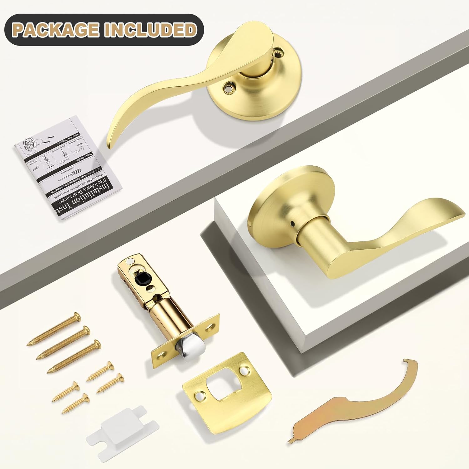 GOBEKOR Gold Door Handles Interior Wave Passage Door Lever Brushed Gold Interior Door Handles for Hall Closet Reversilble for Left/Right-Handed Doors, Satin Brass(3 Pack)