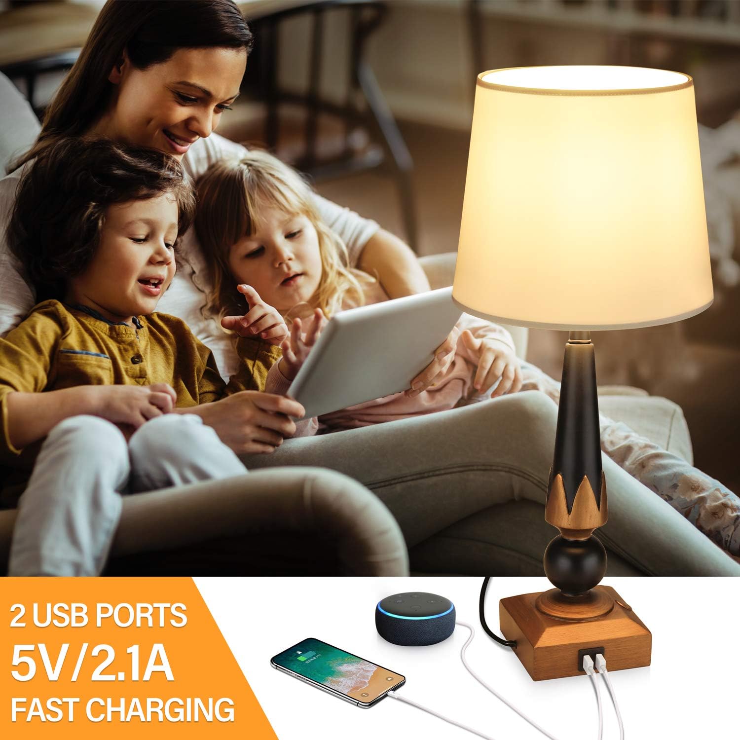 Mlambert 21" H Large Size Heavy-Duty Table Lamp with 2 USB Ports, Eye-Caring Touch Control 3-Way Dimmable Desk Lamp, for Nightstand, Living Room, Bedside (Bulb Included) DIY Shade
