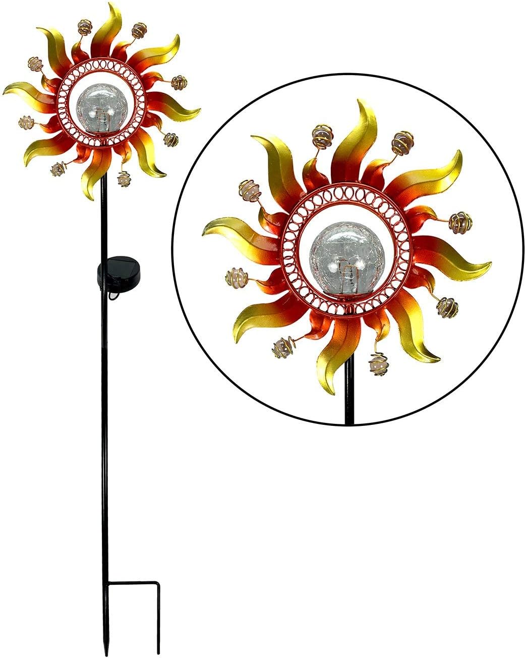 Unido Solar Powered Metal Sunray Garden Stake with White LED Light and Mosaic Glass Crackle Ball Auto On/Off Yard Art Sculpture : Patio, Lawn & Garden