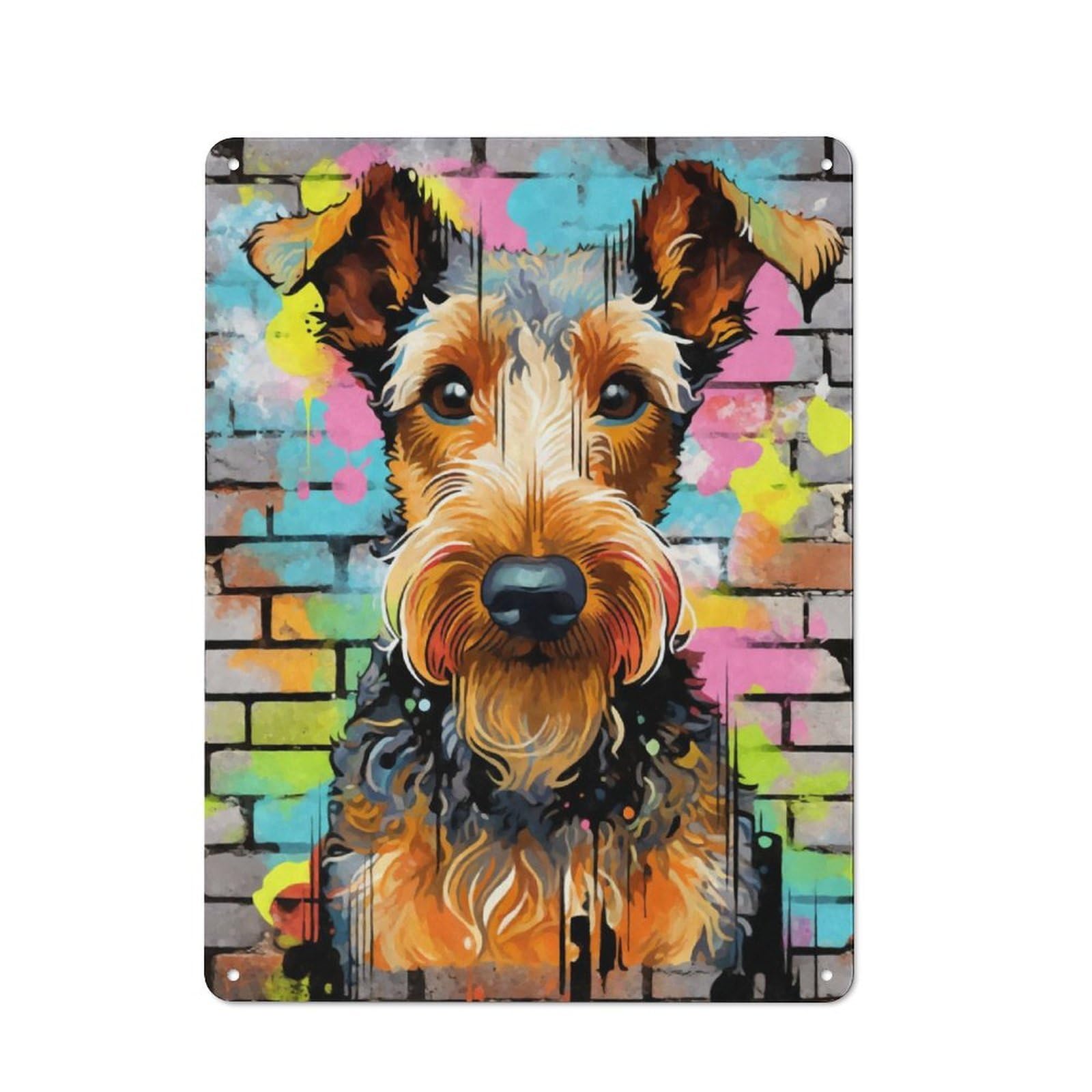 Vintage Tin Sign with Airedale Terrier Graffiti Design 40x30cm, Nostalgic Nostalgic Wall Art for Living Room, Hallway, Kitchen Or Cafe