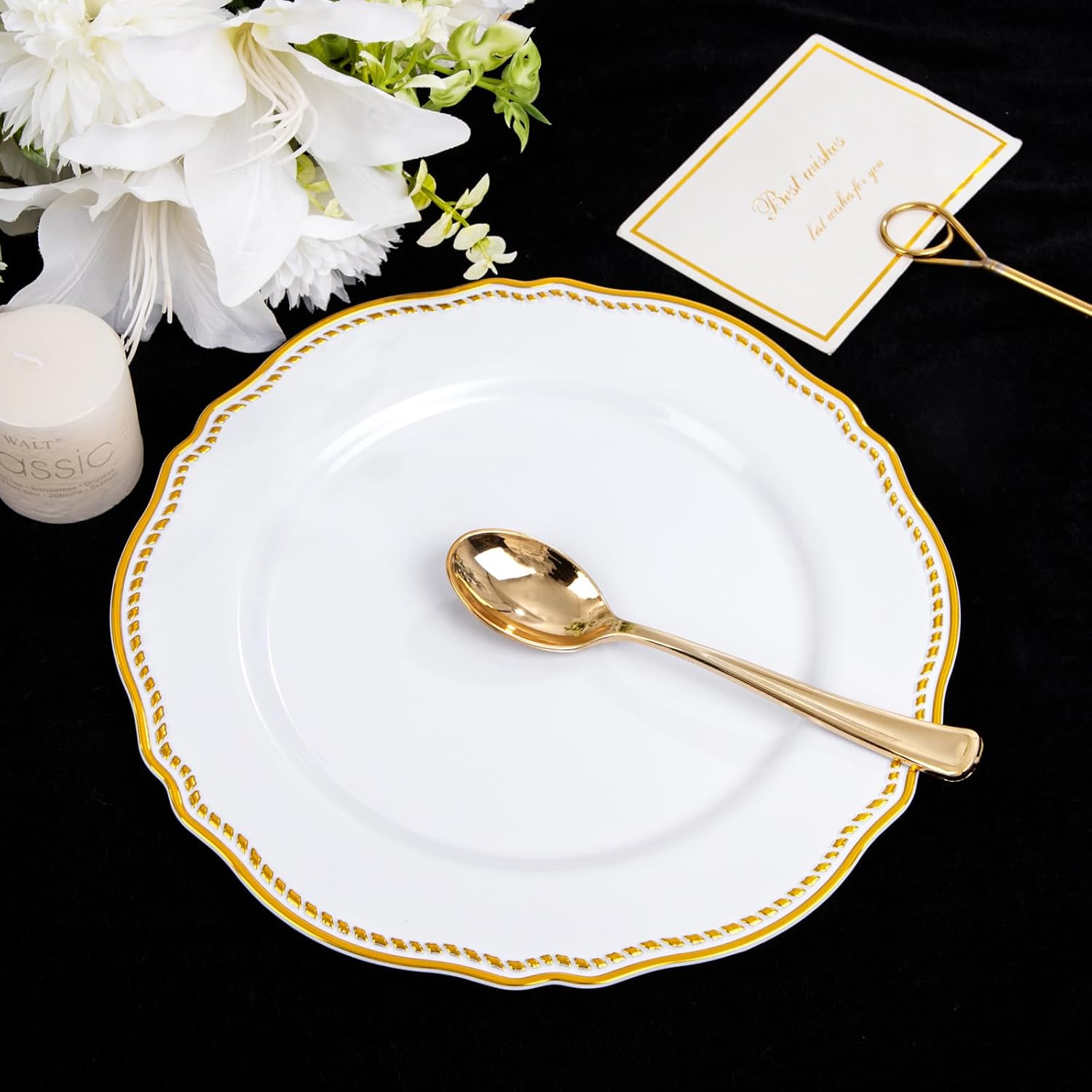 Hioasis 60pcs Gold Plastic Plates - White and Gold Disposable Dinnerware with Gold Rim, Heavy-duty, 10.25 inch, Dinner Plates for Party & Wedding - Image 2
