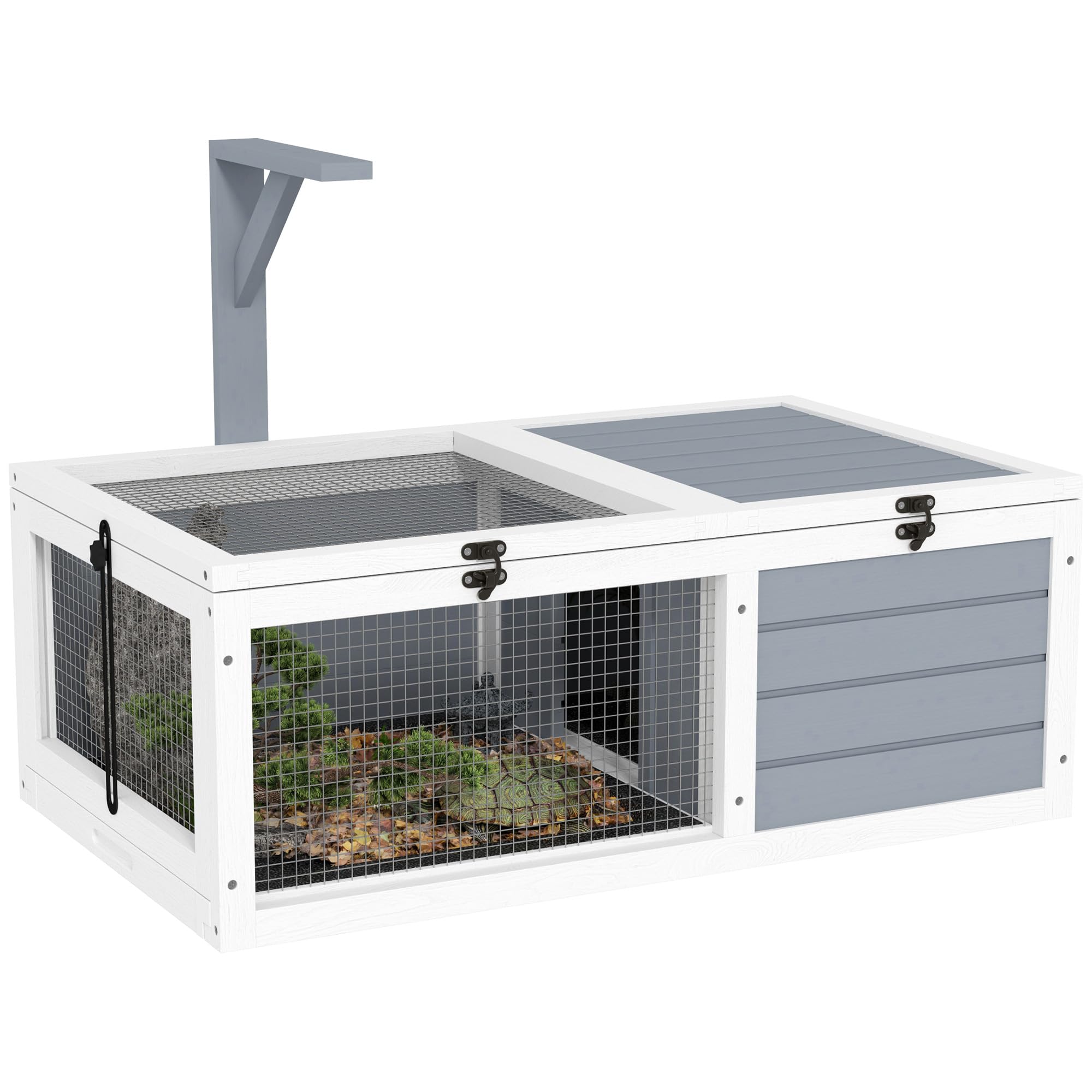 PawHut Enclos Tortue, Maison Tortue terrestre intérieur en Bois avec Support de Lampe, 2 Plateaux coulissants, Cage pour Tortue de Terre, Lapins et Petits Animaux - dim. 81 x 48 x 31,5 cm, Gris Clair