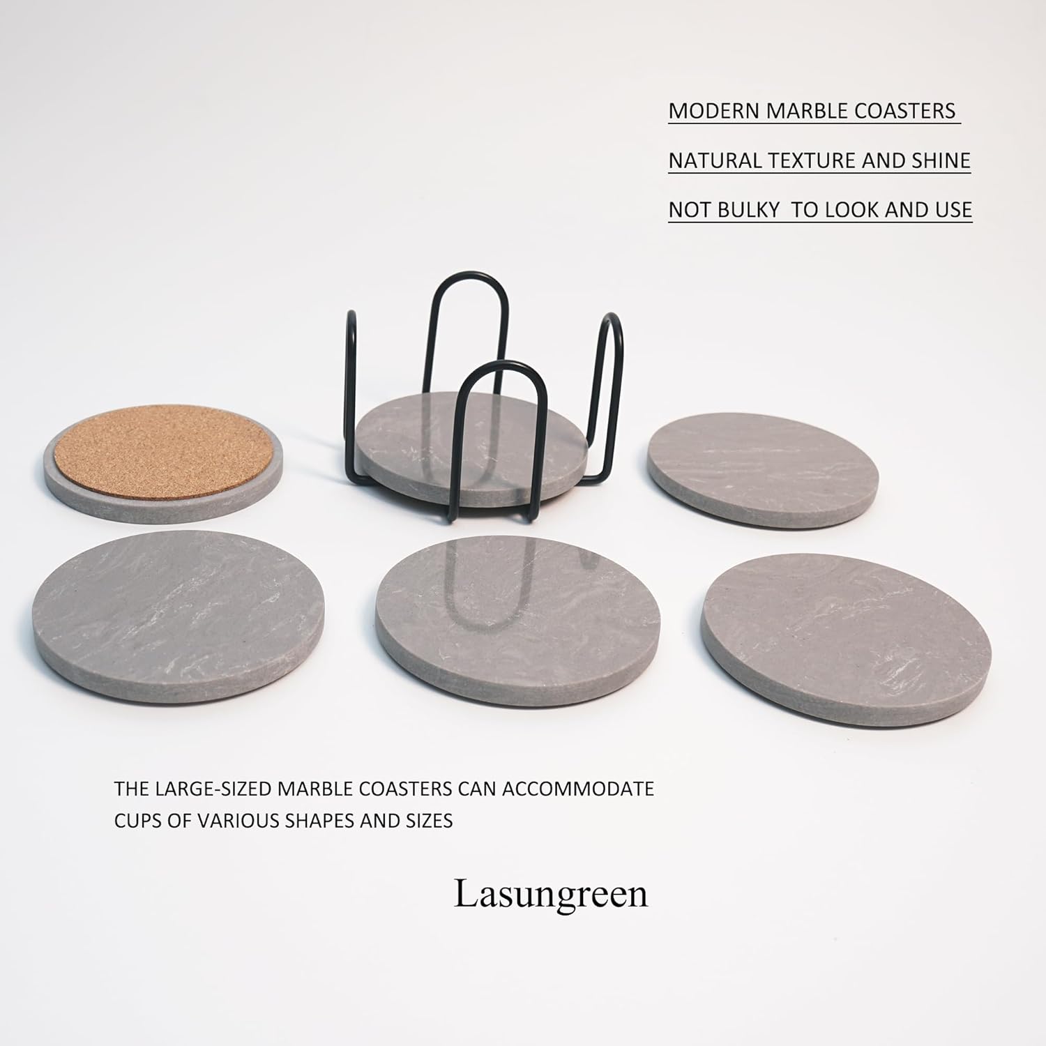 Marble Coasters Set with Metal Holder, Round Gray Stone Drink Coasters, 4 Inch Diameter, 0.4 Inch Thick, 6 Pack Coasters for Decorative and Protective Tabletop(Concrete Grey) - Image 3