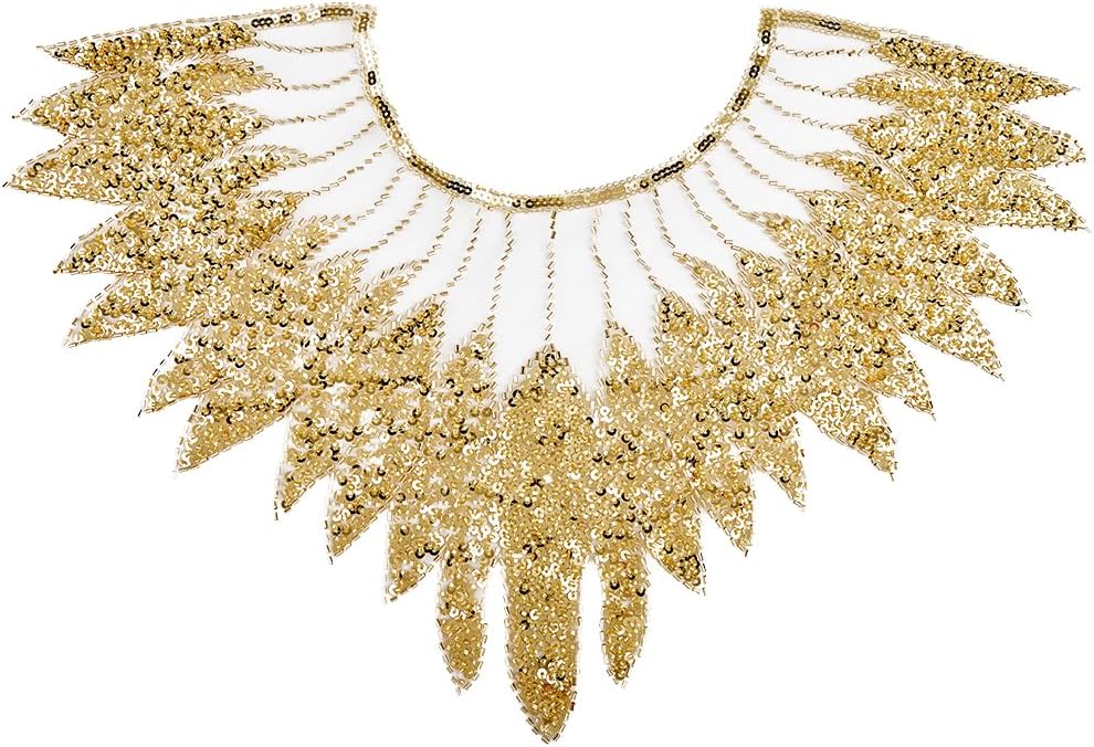 GORGECRAFT Gold Beaded Lace Collar Trim 55 x 41cm Glitter 3D Floral Embroidery Sew on Neckline Applique Patches Sequin Decoration for Wedding Costume Dress Sewing DIY Clothing Accessories