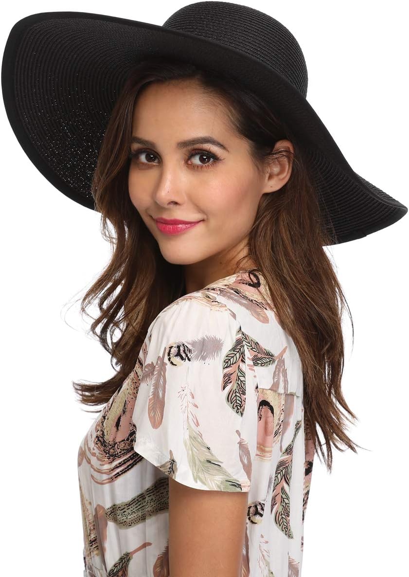Lanzom Womens Wide Brim Straw Hat Big Floppy Foldable Roll up Cap Beach Sun Hat UPF 50+ - Image 4