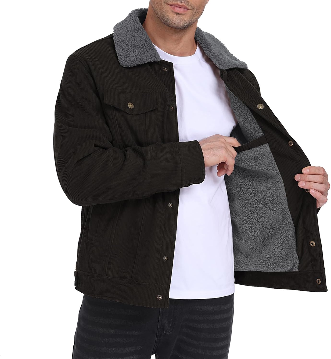 ATOFY Men's Corduroy Jacket Fleece Sherpa Lined Winter Coats Trucker Cargo Jackets Warm Fur Collar Vintage - Image 2