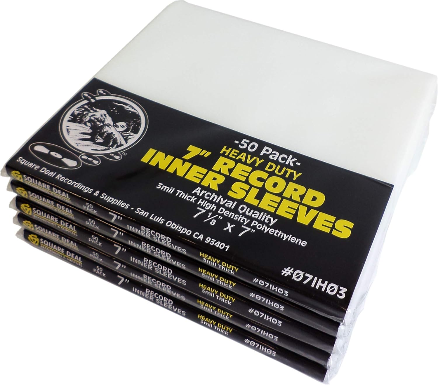 (250) Square Deal Recordings & Supplies 7" Record Inner Sleeves - High Density Polyethylene - Heavy Duty 3 mil - #07IH03