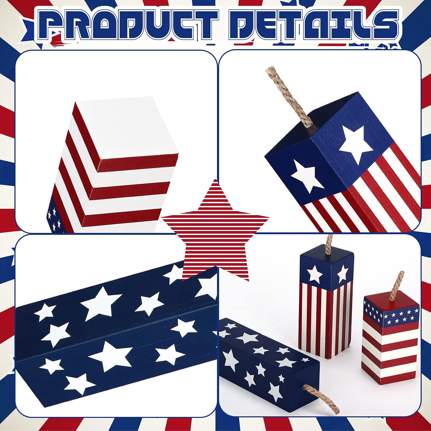 Weysat 3 Pcs 4th of July Table Decorations Wood Patriotic Table Centerpieces Memorial Day Tiered Tray Decor Red White Blue Firework American Flag Wooden Sign for 250th Anniversary Home Office Tabletop