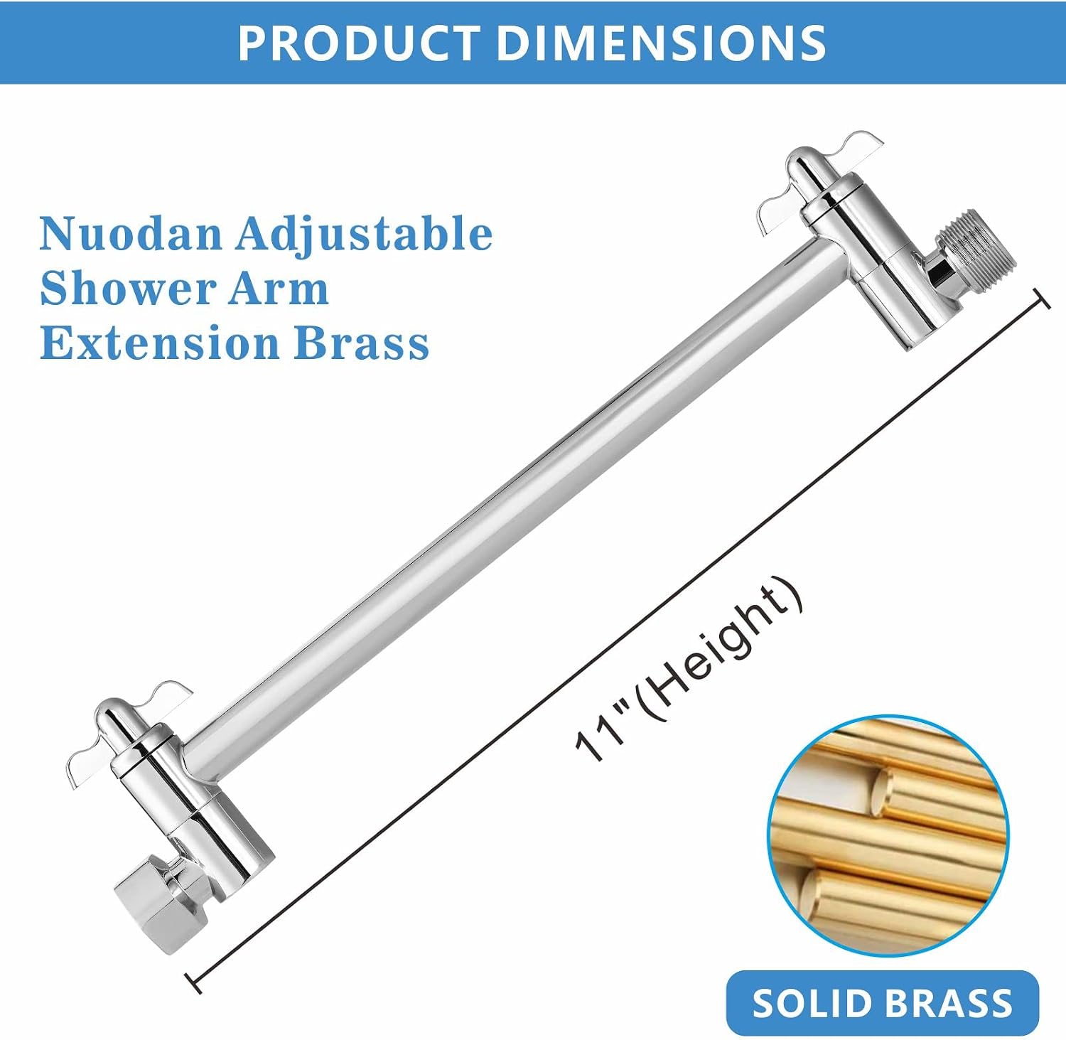 Shower Head Extension Arm - 11" Solid Brass Shower Arm with Universal Connection to Showerheads - Easily Adjustable The Height and Angle of The Rain or Handheld Shower heads (Chrome)