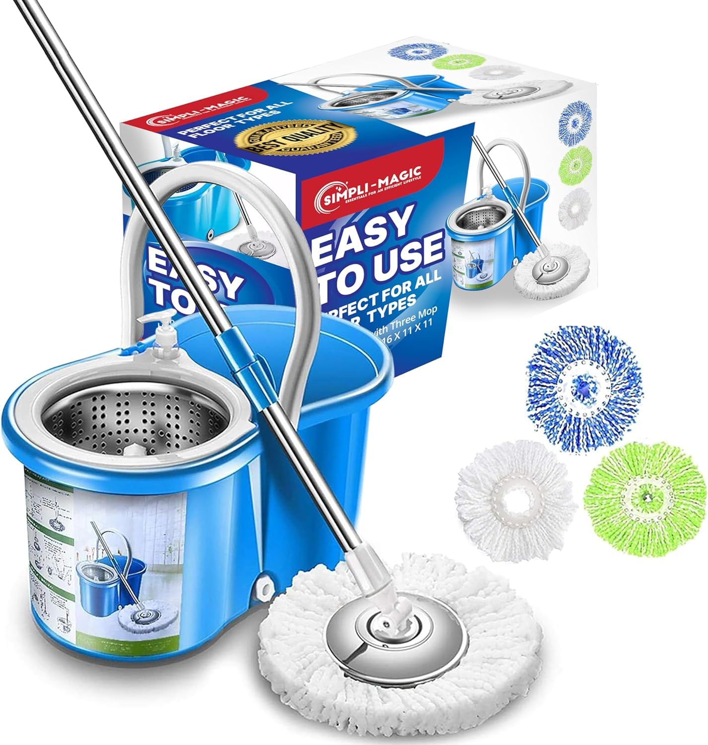 SIMPLI-MAGIC360 Spin Mop Cleaning Bucket Set with 4 Microfiber Mop Heads Included