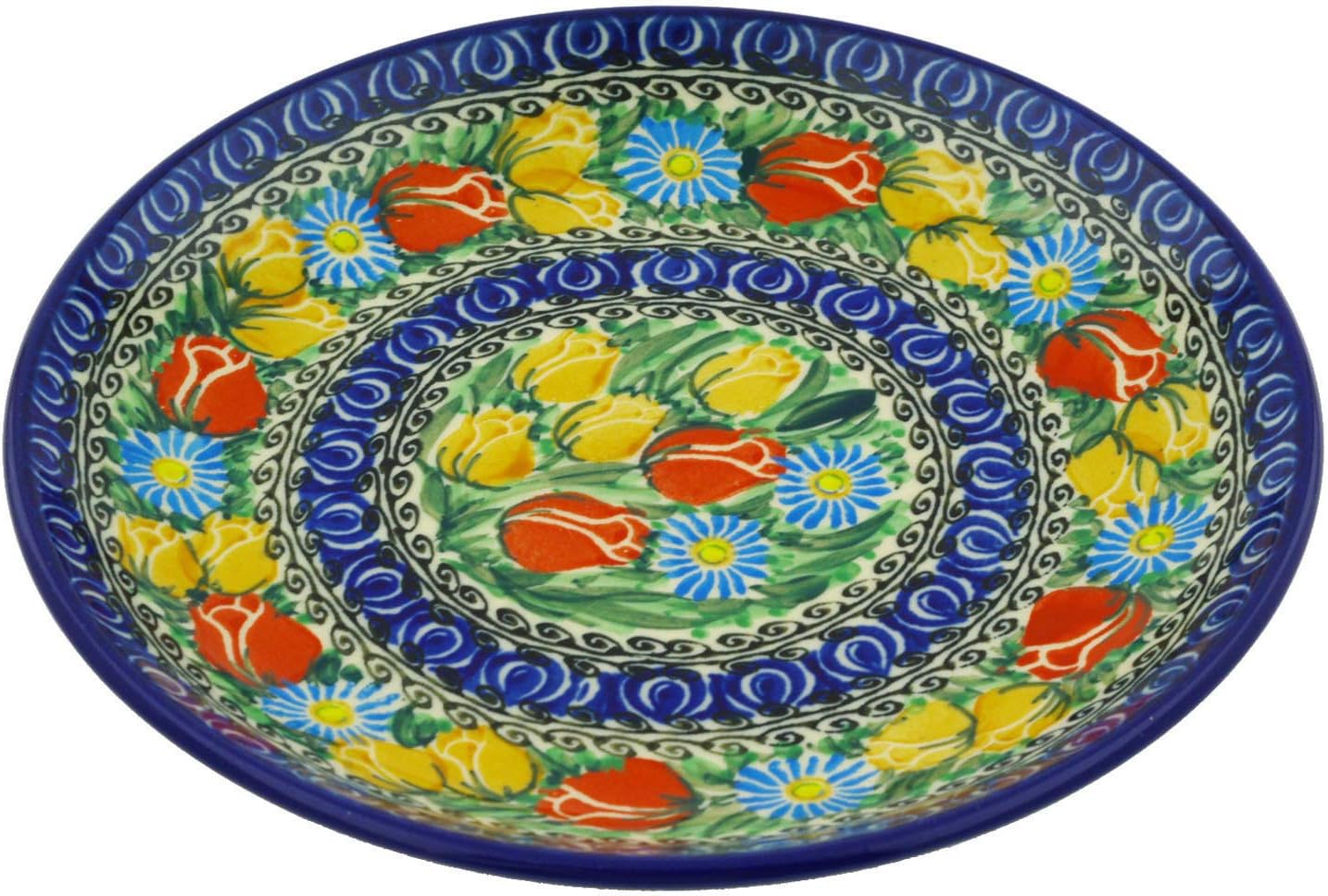 Polmedia Polish Pottery Dessert Plate UNIKAT - Breathtaking Tulips Pattern Handmade in Boleslawiec Poland by Ceramika Artystyczna + Certificate of Authenticity