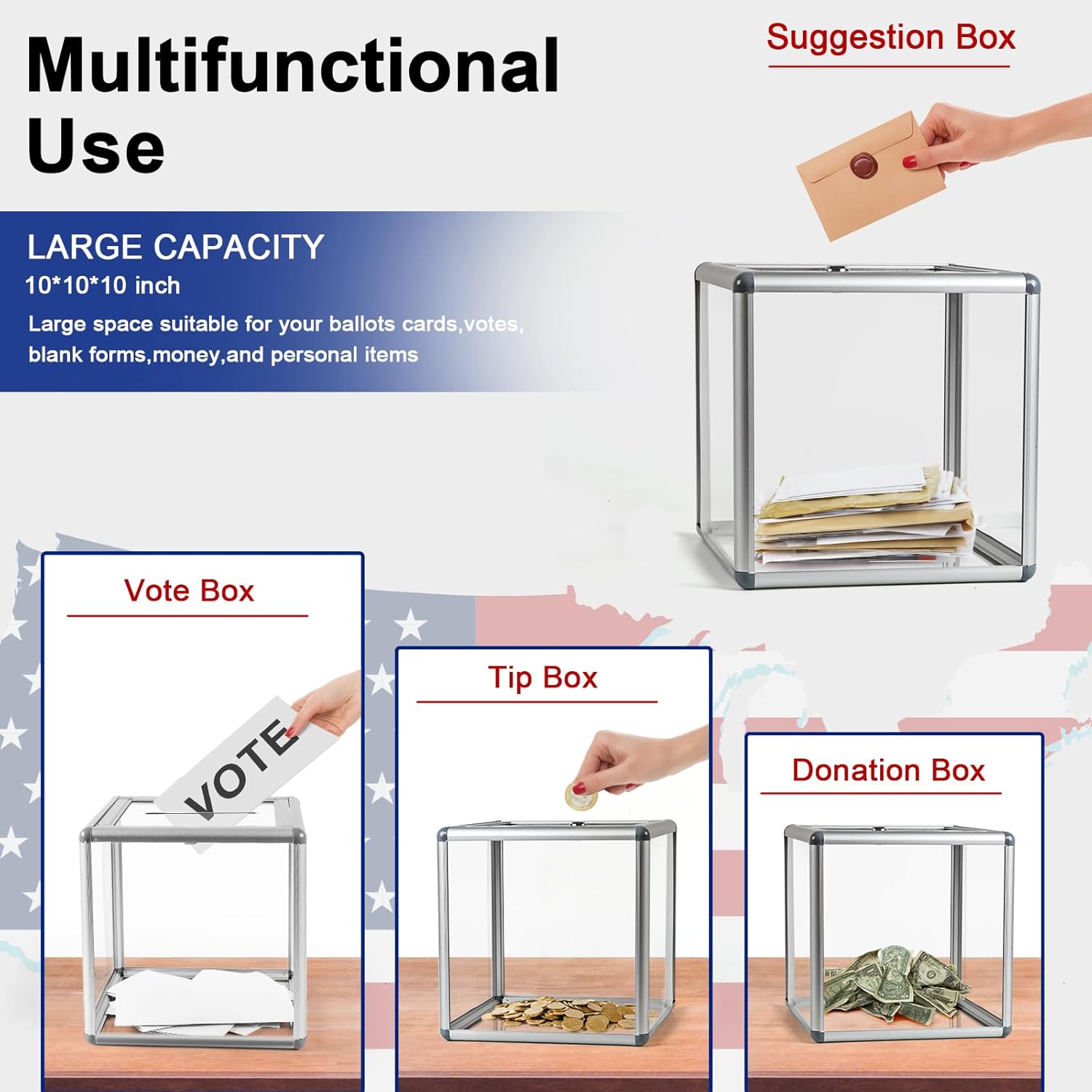 Large Donation Box with Lock, Acrylic Ballot Box with Slot 10 x 10 x 10 Inch, Suggestion Box with Lock Cash Storage Container for Fundraising Voting Charity Contest Tip