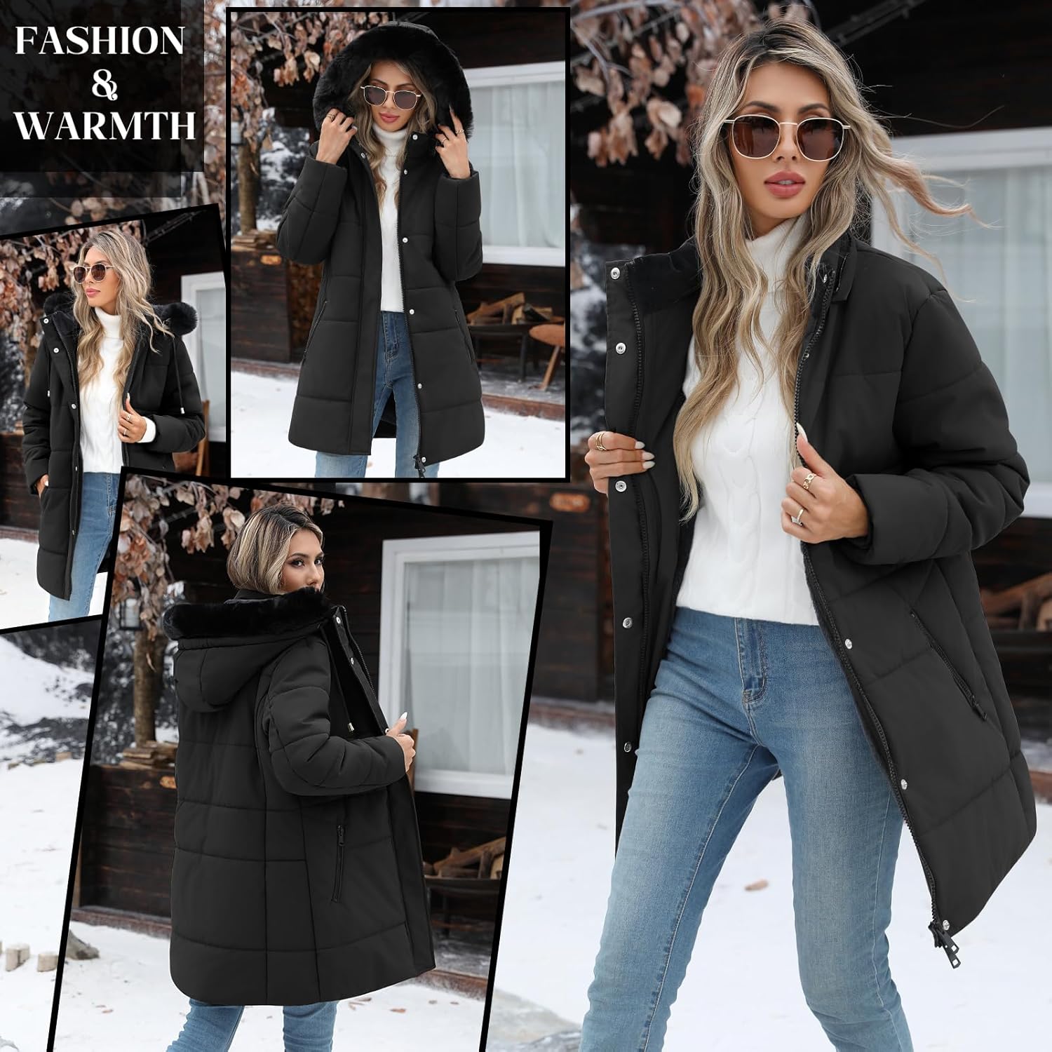 VXVGER Women's Thicken Puffer Coat Winter Warm Fleece Quilted Jacket Padded Parka Coat with Removable Hood - Image 7