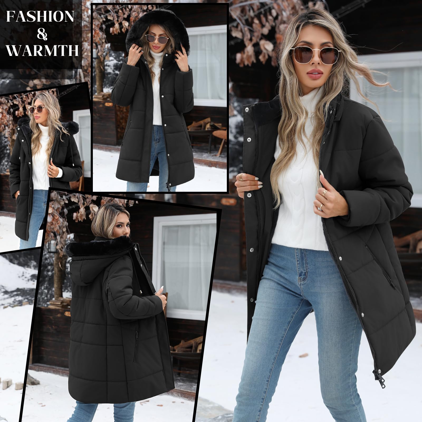 Tuopuda Abrigo Parka Mujer Largo con Capucha de piel Abrigo Gruesa para Mujer Chaqueta de Invierno con Bolsillos Chaqueta de Cremallera Abrigo Resistente al Viento