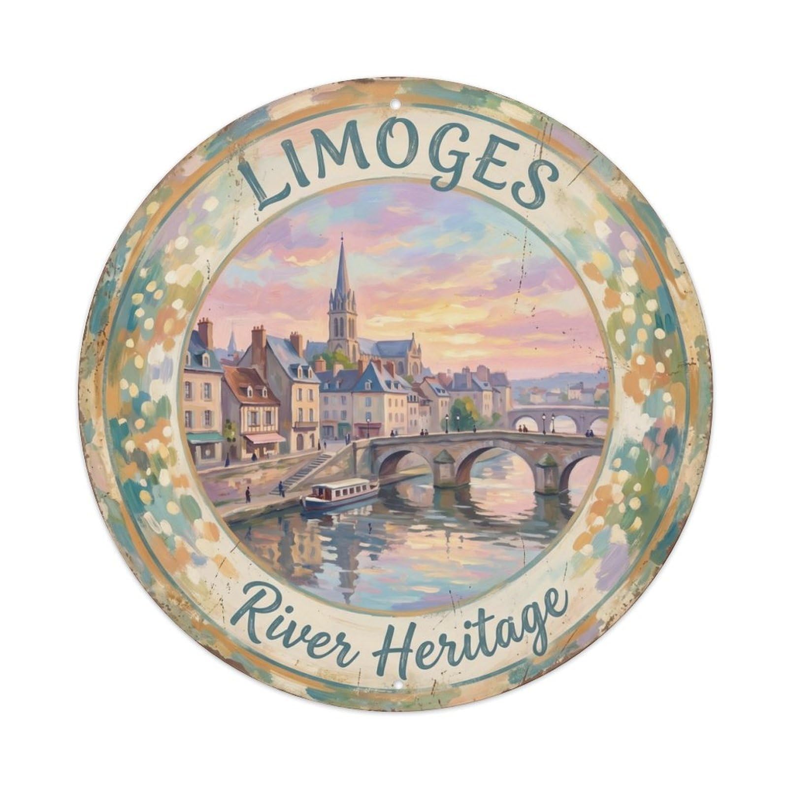 Fqcyn Style Vintage Travel Limoges France Oldtown Metal Tin Sign Plaque Wall Decor For Cafe, Club Bar, Office, Home Garden Round Metal Poster 8X8inch