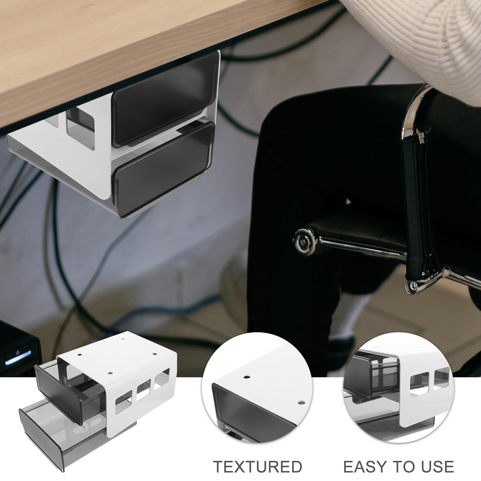 PRETYZOOM Organizzatore Nascosto per Scrivania Sotto Tavolo Adesivo Autoadesivo in Abs e Pp, Cassetto Nero per Conservare Cancelleria e Organizzazione Desktop