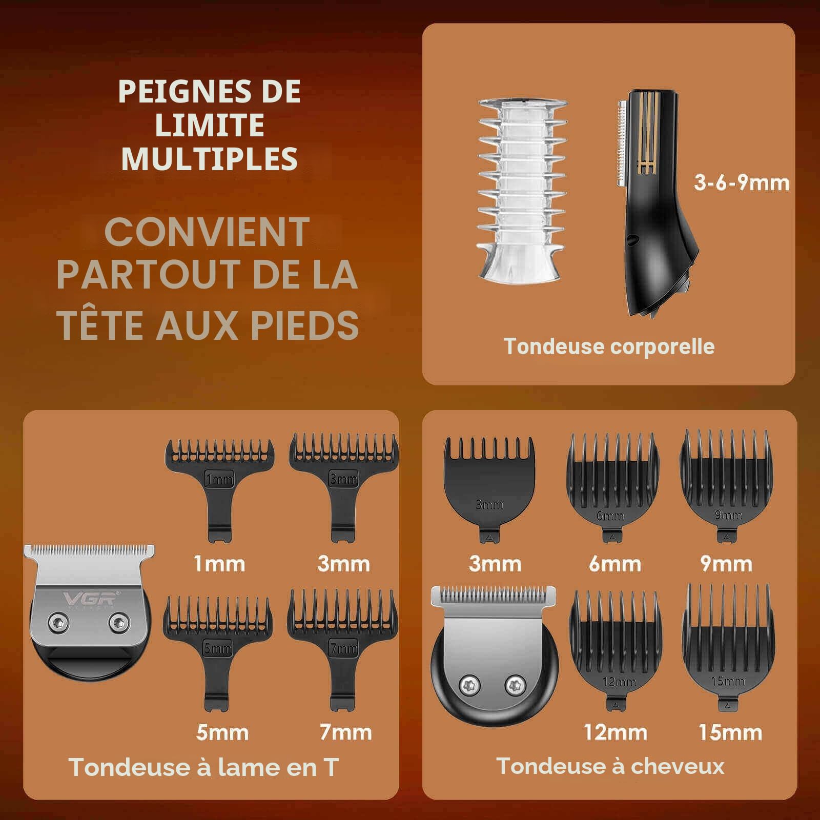 VGR Tondeuse Barbe Homme Kit Professionnel Tondeuse Cheveux Rasoirs électriques 0 mm Cheveux Chauve Avec Lame en T Tondeuse Nez et Barbe Tondeuse de Précision 7 en 1