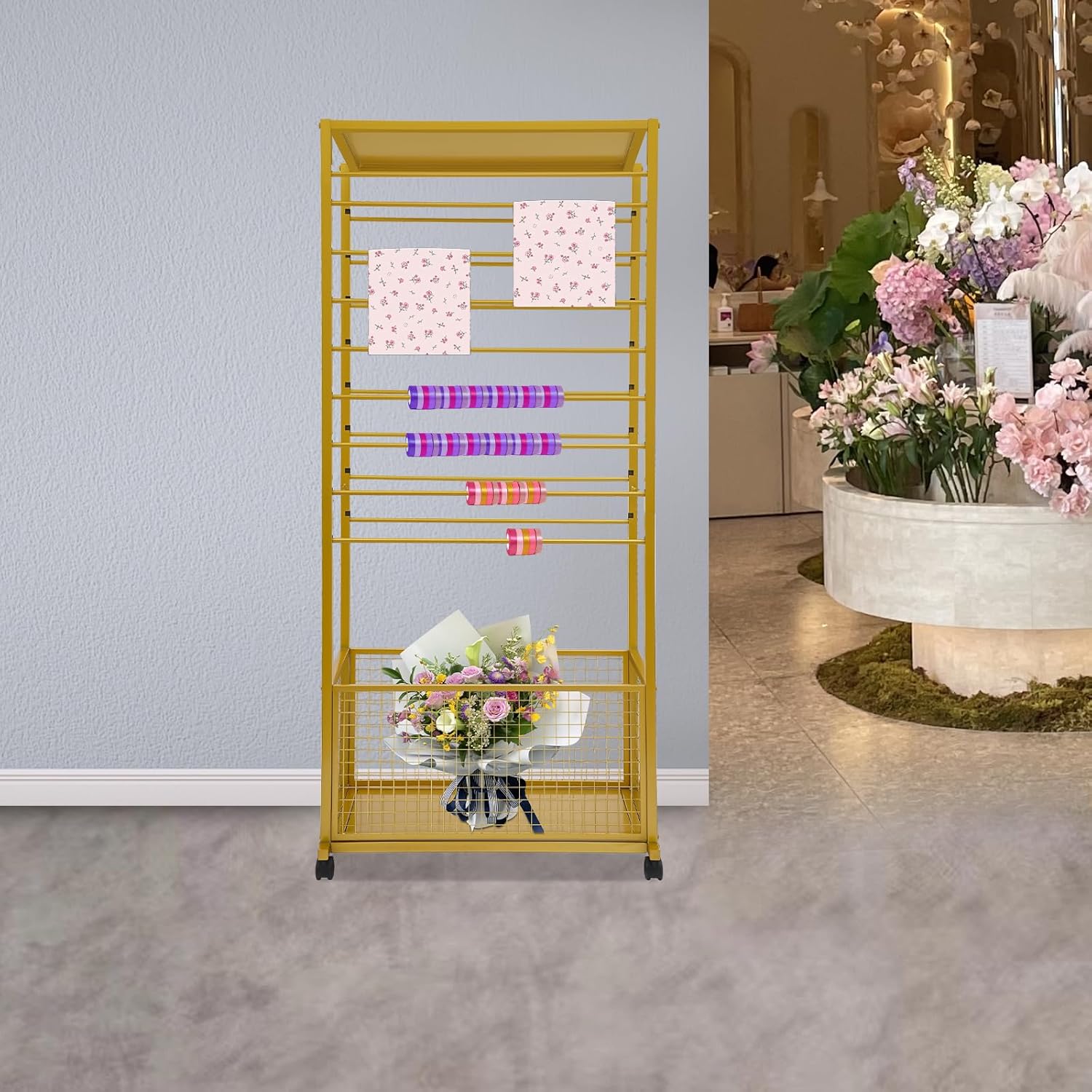 16-Tier Ribbon Holder Rolling Rack, Double-Sided Ribbon Spool Shelf with 16 Removable Rods, Lockable Wheel&Basket, Flower Wrapping Paper Storage Stand for Clothing Store(Gold, 26.38x12.6x59.06in)