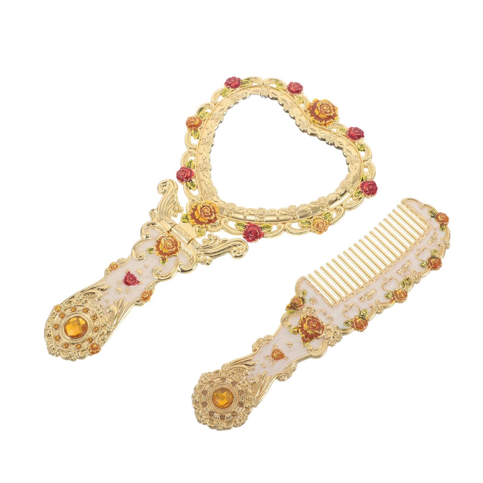 Ensemble peigne et miroir portable métallique pour soins personnels