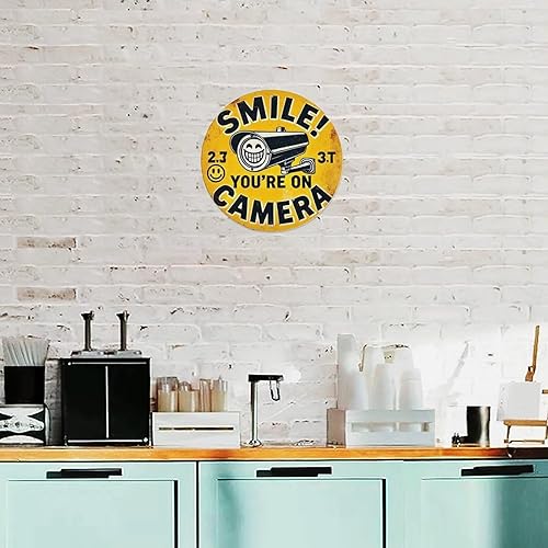 Miniatura 4 de Lolltech SMILE! YOU'RE ON CAMERA Round Tin Sign Retro Metal Sign for Cafe Bar Pub Home Wall Decor Metal Poster 8x8 Inch