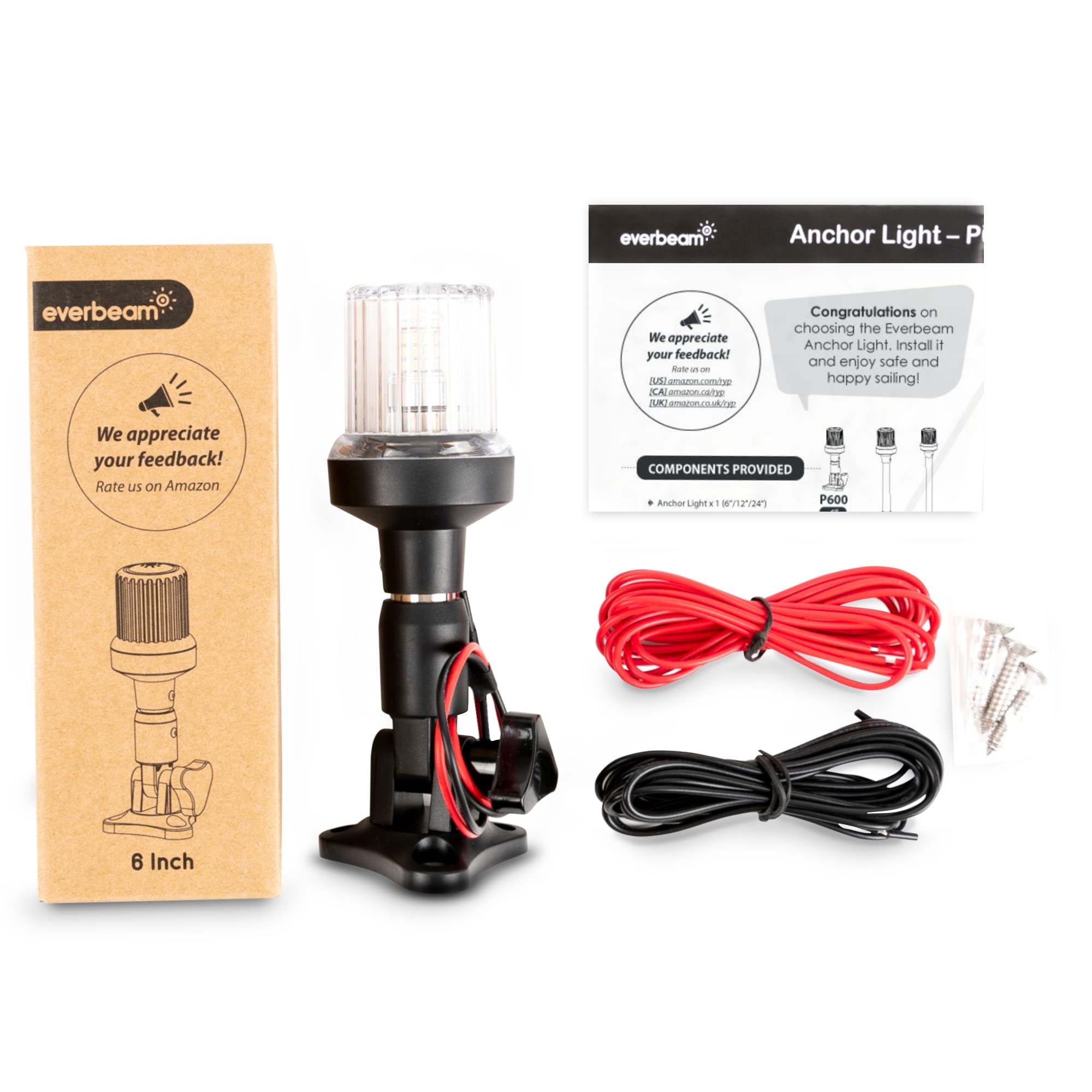 Everbeam Le feu d'ancre ajustable P600 en acier inoxydable pour bateaux de pêche et navires marins - donne une visibilité de 360 degrés pour 3 milles nautiques — résistant aux intempéries, 36 pc LED