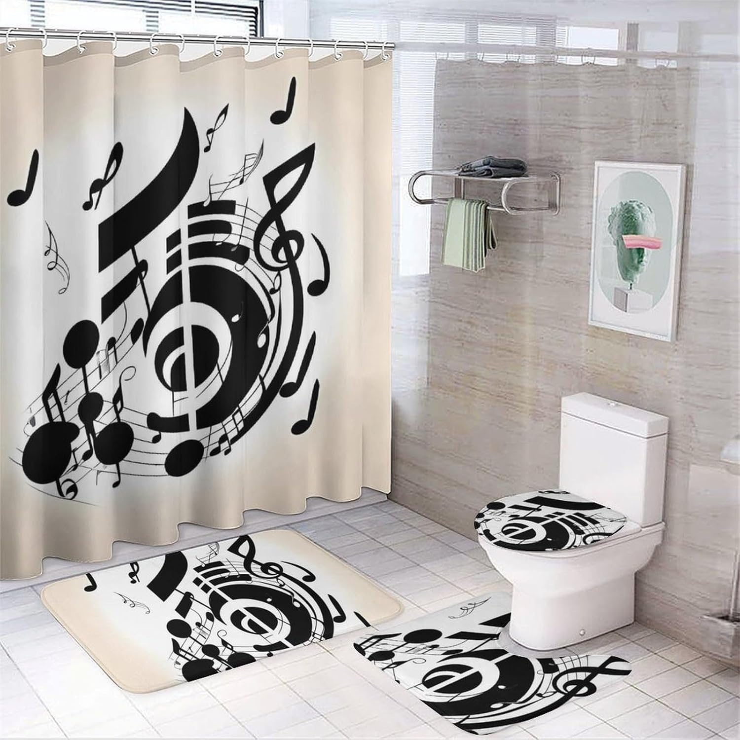 Music Note 4-Piece Shower Curtain Set with Shower Curtain and Rugs Modern Bathroom Curtains Bath Accessories with Mats Toilet Lid Cover and 12 Hooks