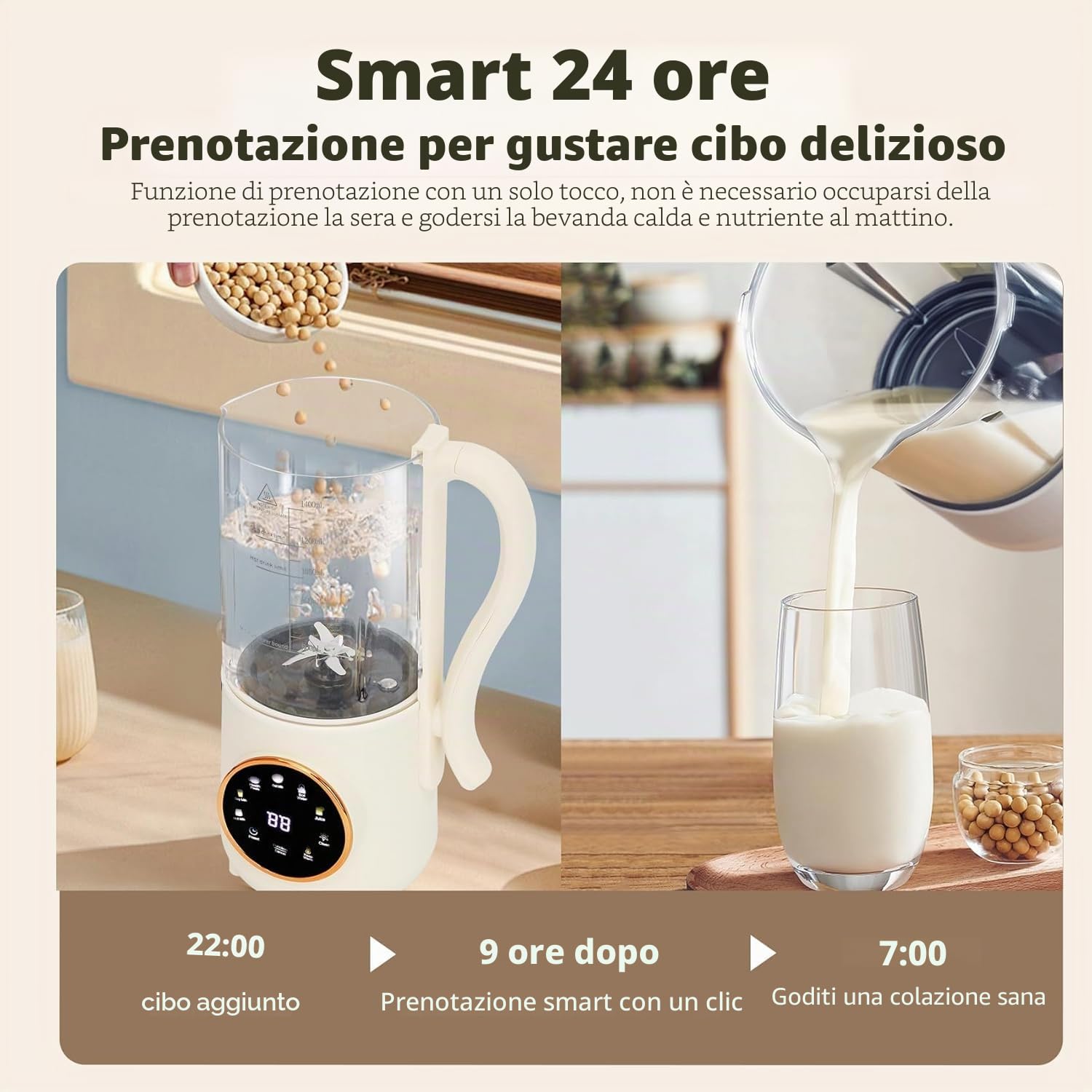 Macchina per latte di soia automatica 9 in 1, 1400 ml, con autopulente, 16 lame per latte di mandorle, latte d'avena, latte vegetale, succo con timer di ritardo 24 ore, acqua bollente e mantenimento