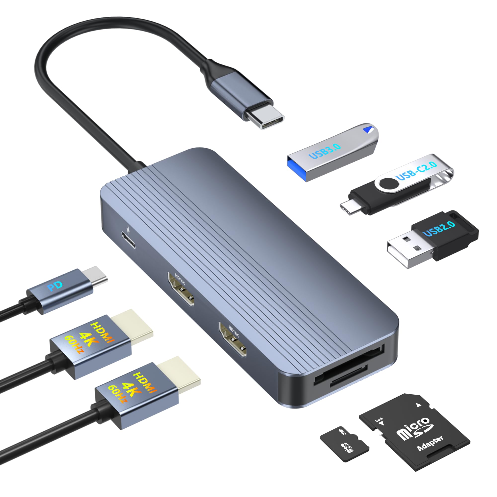 Podwójna stacja dokująca USB C HDMI, 4K @ 60 Hz 8 w 1, podwójny monitor do laptopa Mac/Dell/HP, rozdzielacz HDMI do dwóch monitorów, podwójny adapter HDTV USB C Hub