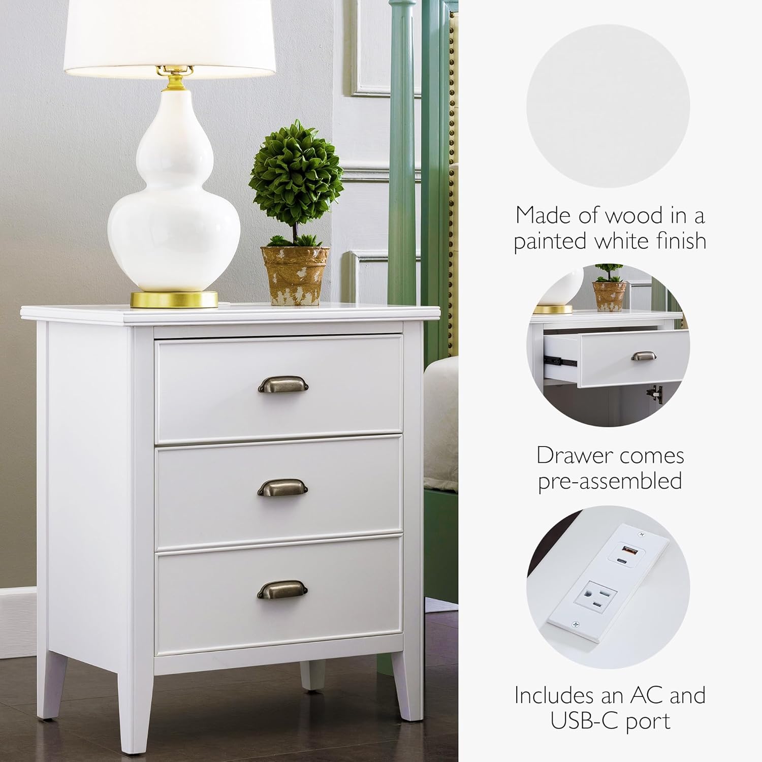 Leick Home Laurent Nightstand, Solid Wood, with USB-C Charging, with 1 Drawer and 1 Door, Orchid White, 10522-WT